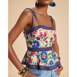 Floral Peplum Camisole Top Tie Strap Smocked Back Shell Charm Cream L